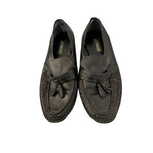 Travelers Mens Black Leather Tassel Loafers Woven Trim Dress Shoes Size 9